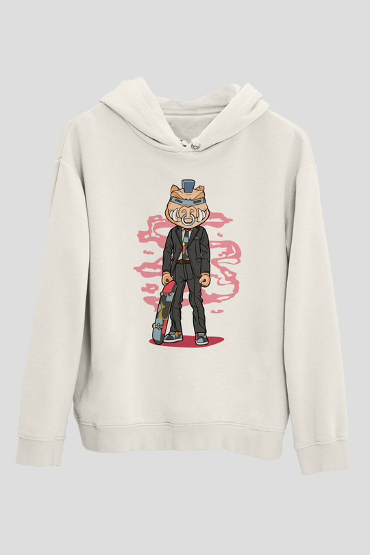Bebop Skateboard Baskılı Unisex Beyaz Hoodie