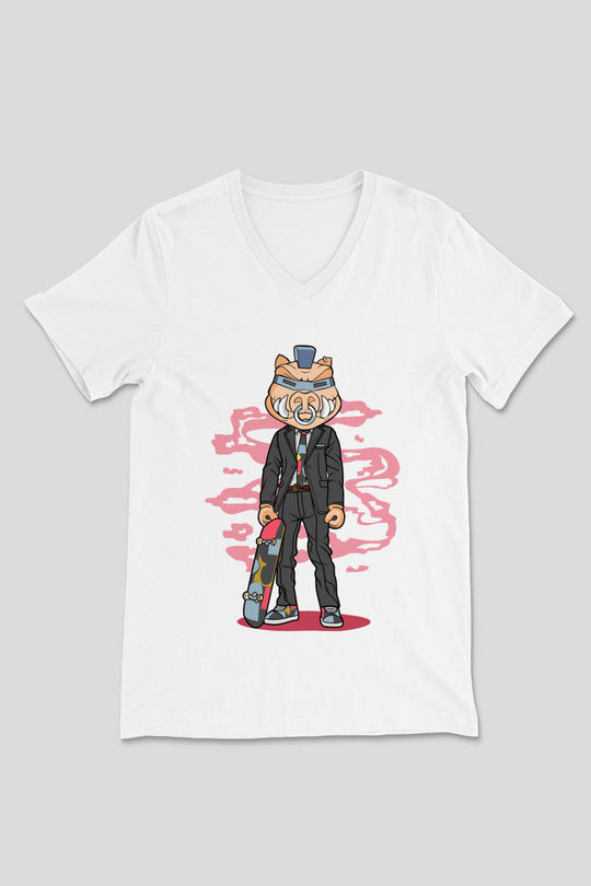 Bebop Skateboard Baskılı Unisex Beyaz V Yaka Tişört