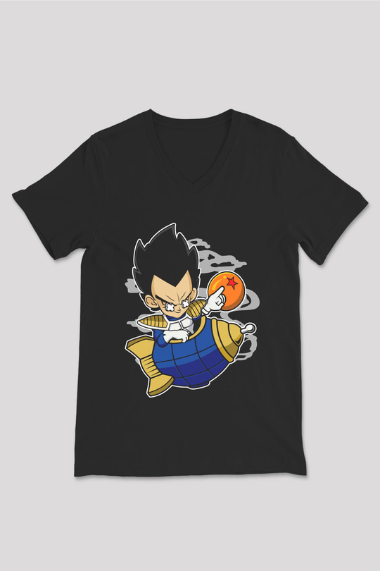 Bejita Rocket Baskılı Unisex Siyah V Yaka Tişört
