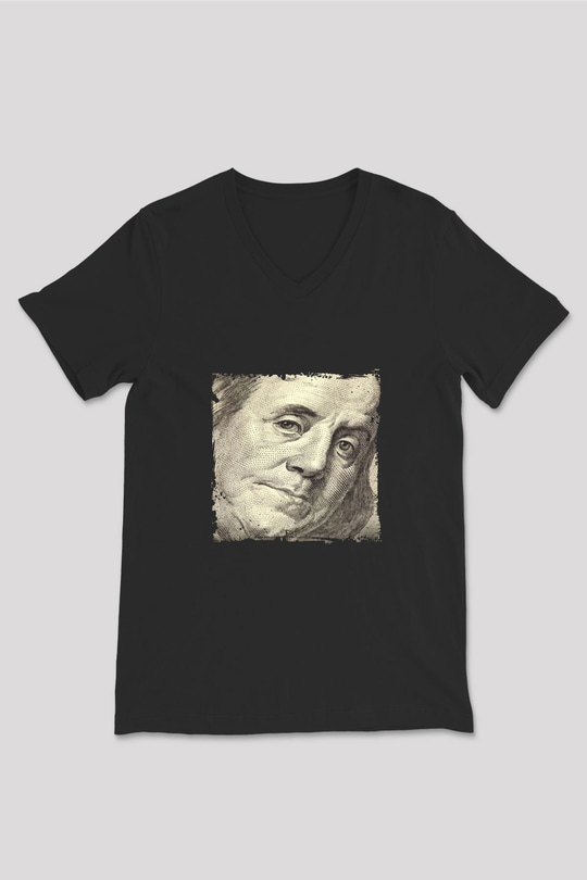 Benjamin Franklin Baskılı Unisex Siyah V Yaka Tişört