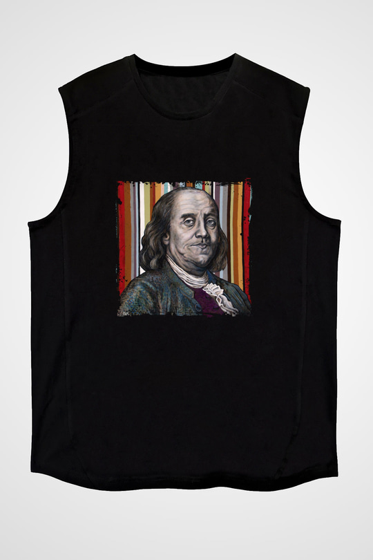 Benjamin Franklin Baskılı Unisex Siyah Kolsuz Tişört