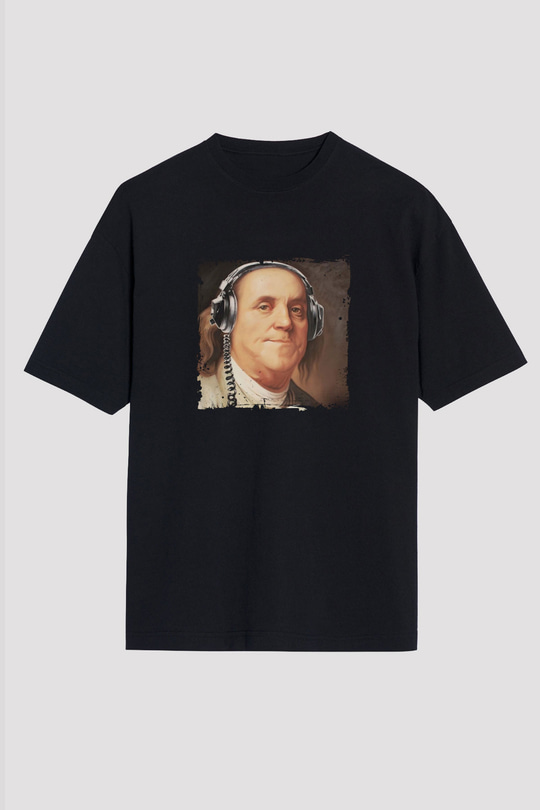 Benjamin Franklin Baskılı Unisex Siyah Oversize Tişört