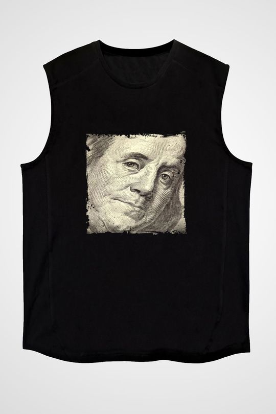 Benjamin Franklin Baskılı Unisex Siyah Kolsuz Tişört