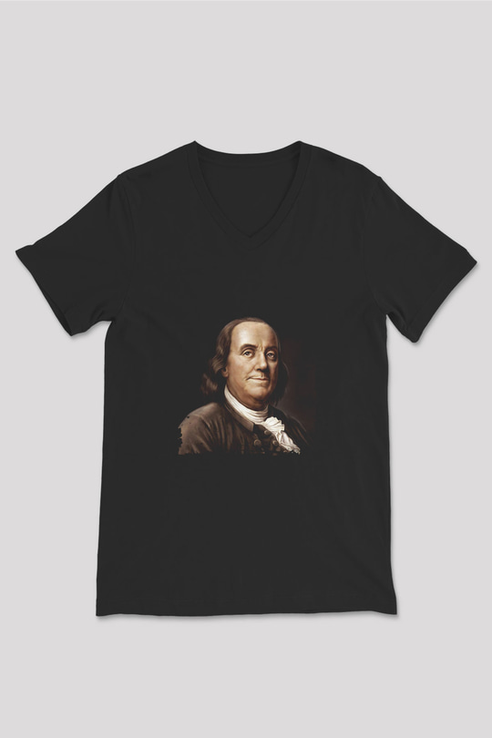 Benjamin Franklin Baskılı Unisex Siyah V Yaka Tişört