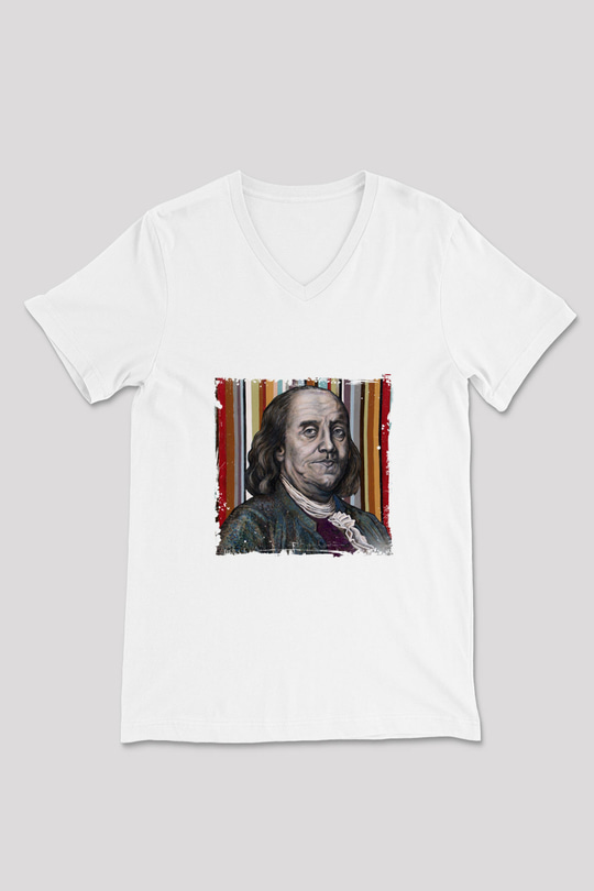 Benjamin Franklin Baskılı V Yaka Unisex Beyaz Tişört
