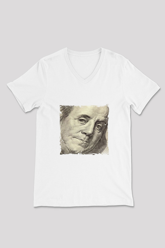 Benjamin Franklin Baskılı V Yaka Unisex Beyaz Tişört