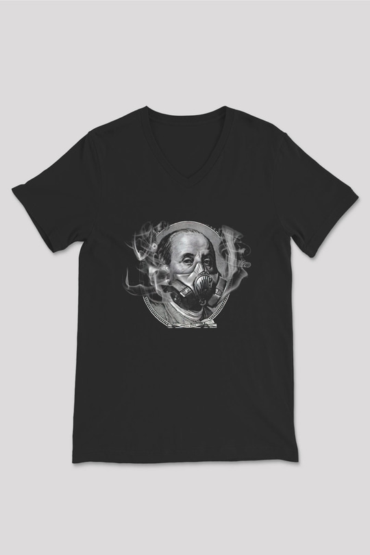 Benjamin Franklin Siyah Unisex V Yaka Tişört