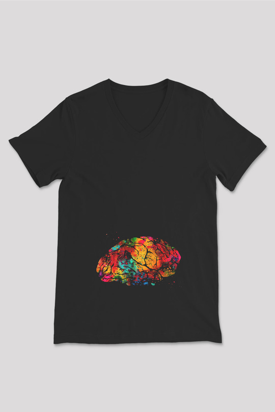 Beyin İllustrasyon Baskılı Unisex V Yaka Siyah Tİşört - Tshirt