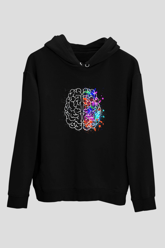 Beynin Sağ Ve Sol Lobları Baskılı Unisex Siyah Hoodie