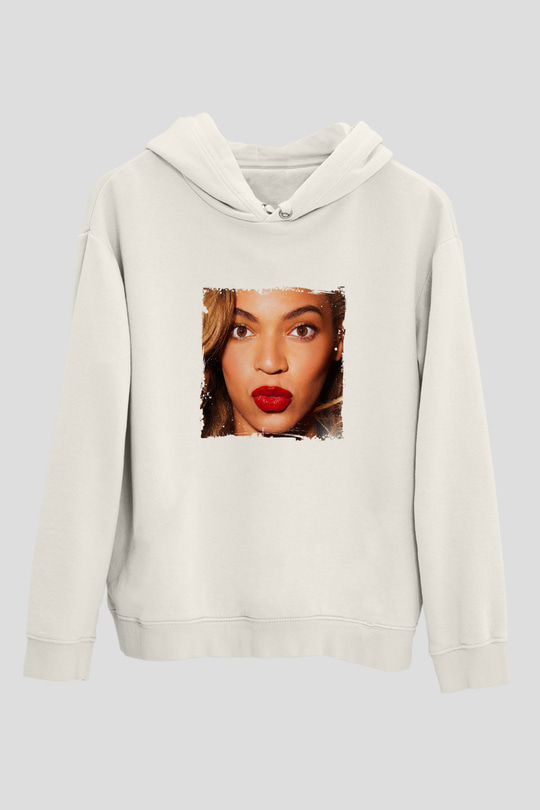 Beyonce Baskılı Unisex Beyaz Kapüşonlu Sweatshirt