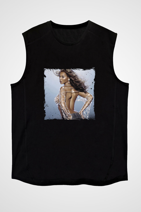 Beyonce Baskılı Unisex Siyah Kolsuz Tişört