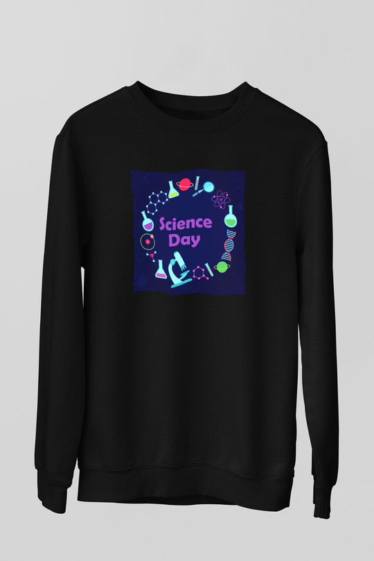 Bilim Atom Gezegen Dna Baskılı Unisex Siyah Sweatshirt