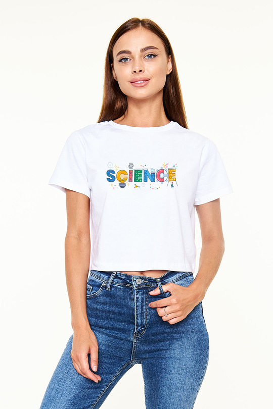 Bilim Atom Mıknatıs Baskılı Beyaz Kadın Crop Top Tişört
