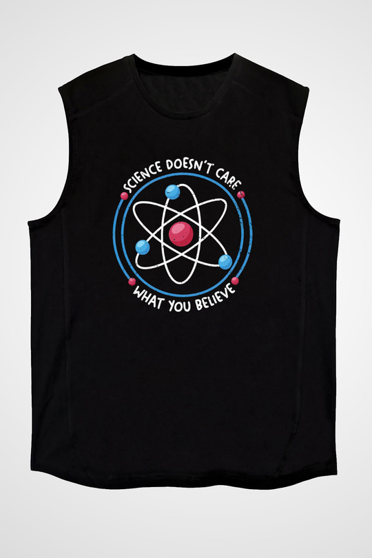 Bilim Atom Yazılı Baskılı Unisex Kolsuz Siyah Tişört - Tshirt