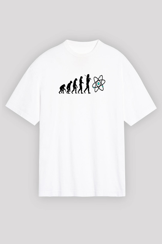Bilim Evrim Atom Baskılı Unisex Oversize Beyaz Tişört - Tshirt