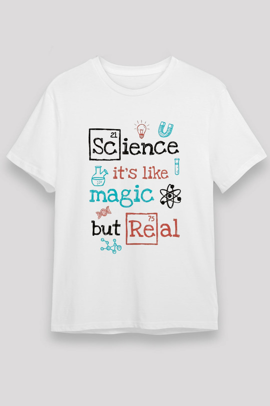 Bilim Sihir Baskılı Unisex Beyaz Tişört - Tshirt