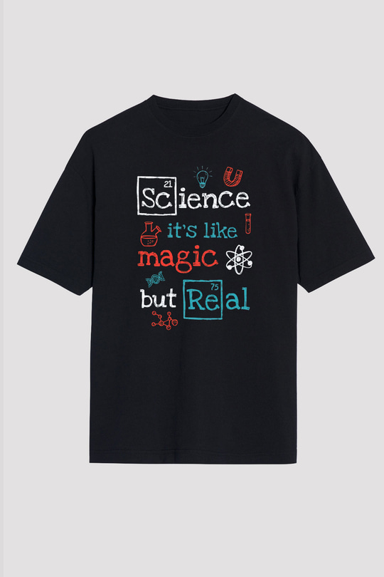 Bilim Sihir Baskılı Unisex Oversize Tişört - Tshirt
