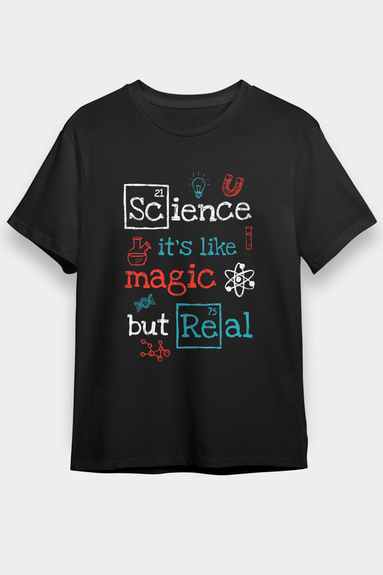 Bilim Sihir Baskılı Unisex Siyah Tişört - Tshirt