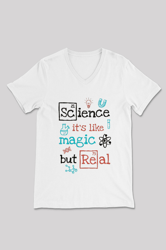Bilim Sihir Baskılı Unisex V Yaka Beyaz Tişört - Tshirt