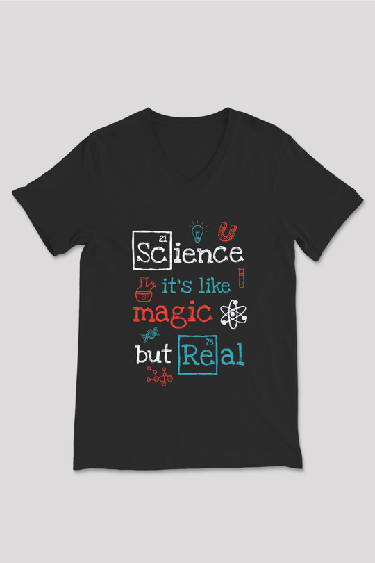 Bilim Sihir Baskılı Unisex V Yaka Siyah Tİşört - Tshirt