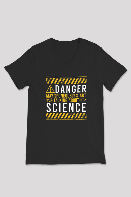 Bilim Tehlikeli Baskılı Unisex V Yaka Siyah Tİşört - Tshirt