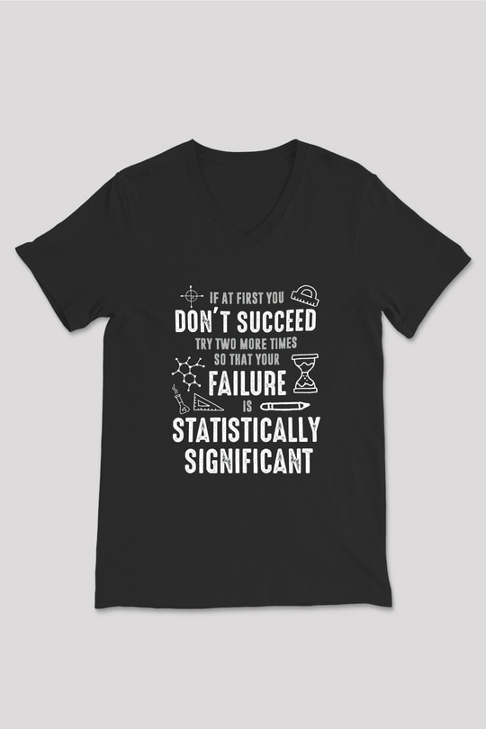 Bilim Yazı Baskılı Unisex V Yaka Siyah Tİşört - Tshirt