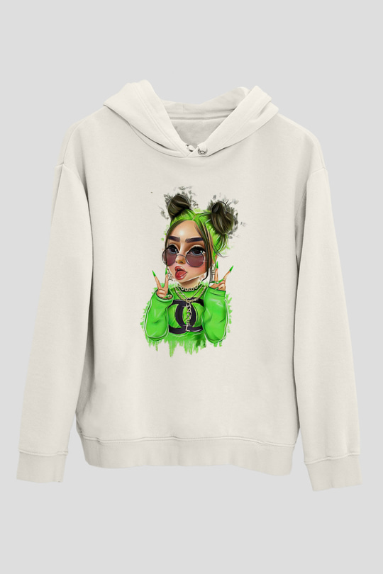 Billie Eilish Baskılı Beyaz Unisex Kapüşonlu Sweatshirt