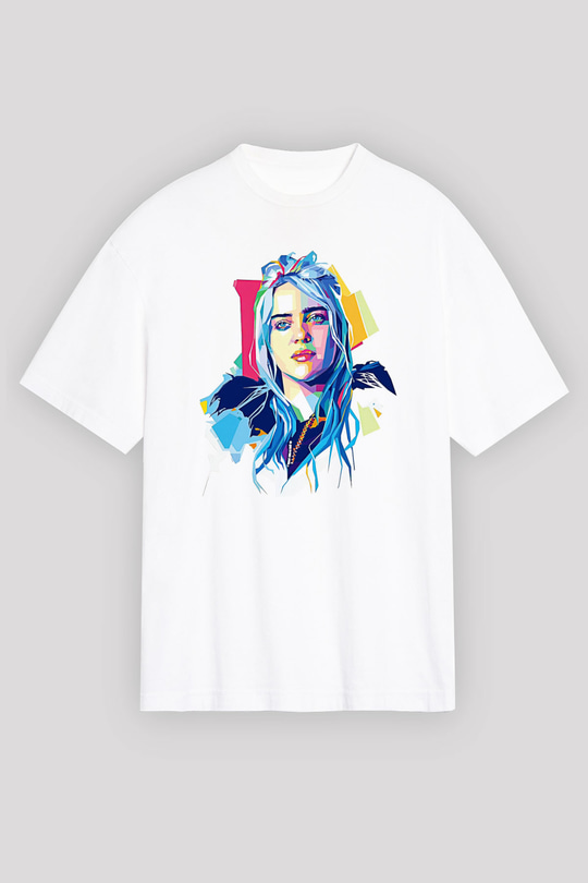 Billie Eilish Baskılı Beyaz Unisex Oversize Tişört - Tshirt