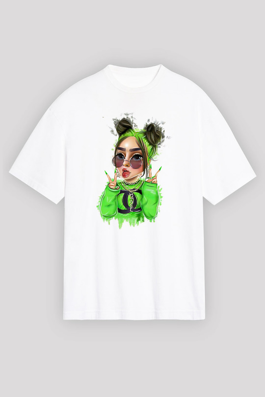 Billie Eilish Baskılı Beyaz Unisex Oversize Tişört - Tshirt