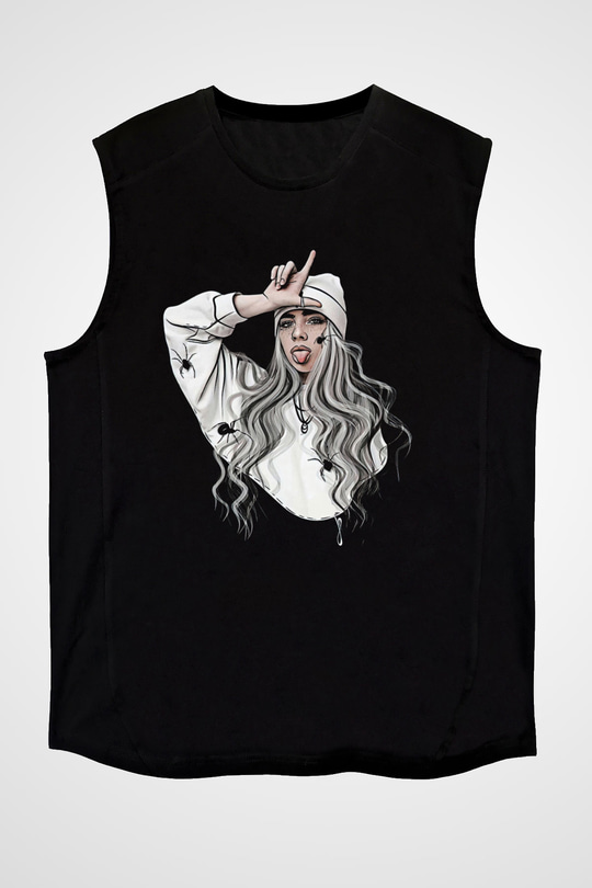 Billie Eilish Baskılı Unisex Siyah Kolsuz Tişört - Tshirt