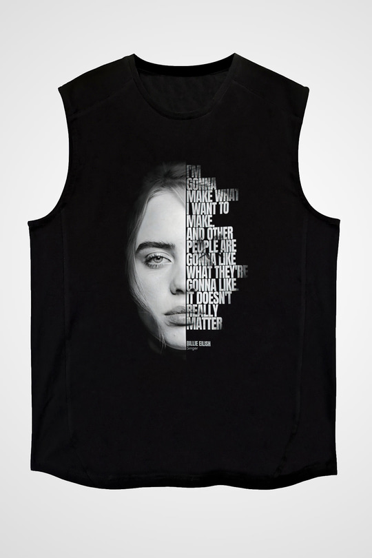 Billie Eilish Baskılı Unisex Siyah Kolsuz Tişört - Tshirt