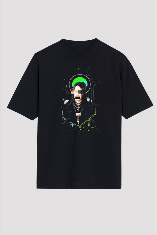 Billie Eilish Baskılı Unisex Siyah Oversize Tişört - Tshirt