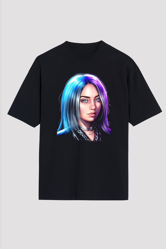 Billie Eilish Baskılı Unisex Siyah Oversize Tişört - Tshirt