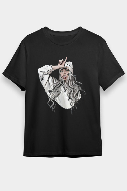 Billie Eilish Baskılı Unisex Siyah Tişört - Tshirt