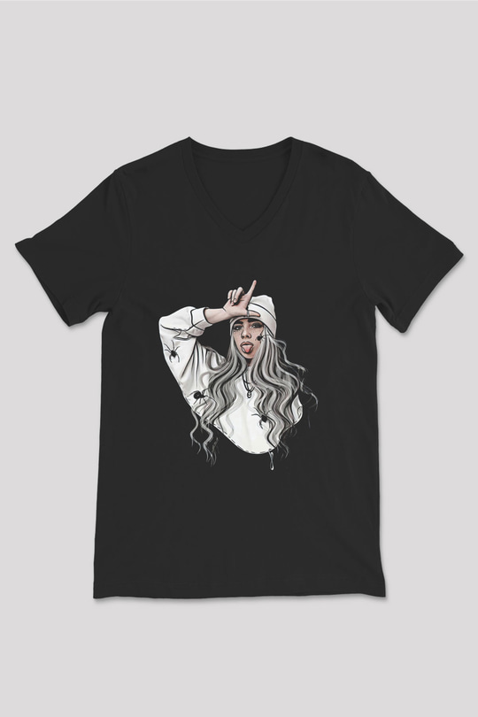 Billie Eilish Baskılı Unisex Siyah V Yaka Tişört - Tshirt