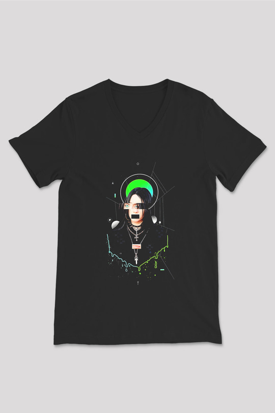 Billie Eilish Baskılı Unisex Siyah V Yaka Tişört - Tshirt