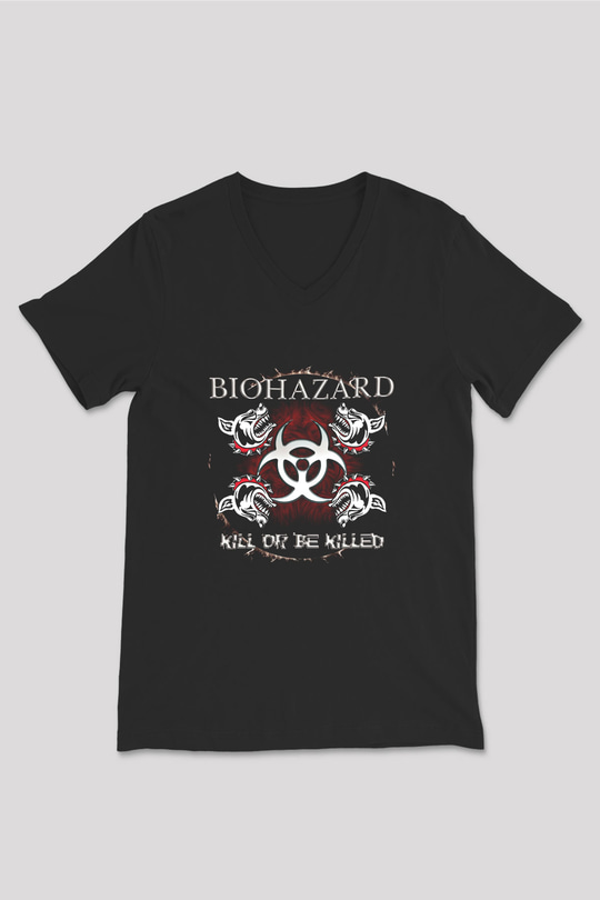 Biohazard Baskılı Unisex Siyah V Yaka Tişört
