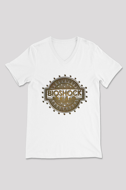 BioShock Beyaz Unisex V Yaka Tişört T-Shirt