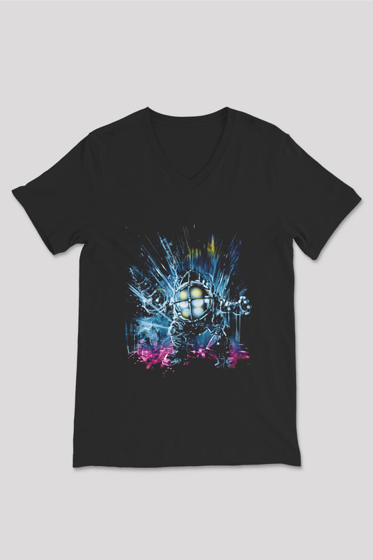 Bioshock James Baskılı Unisex Siyah V Yaka Tişört - Tshirt