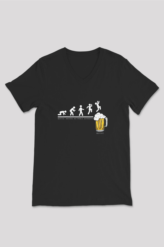 Bira Evrimi Baskılı Unisex V Yaka Siyah Tİşört - Tshirt