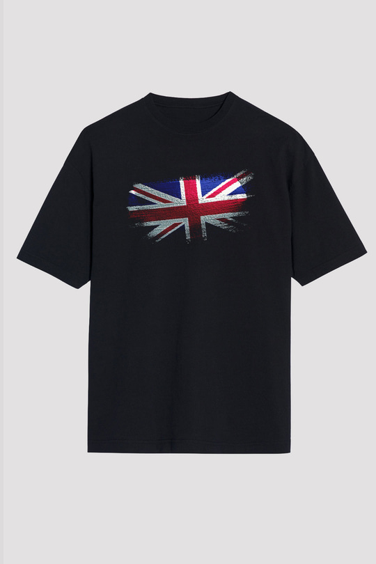 Birleşik Krallık - United Kingdom Bayrağı Baskılı Unisex Siyah Oversize Tişört