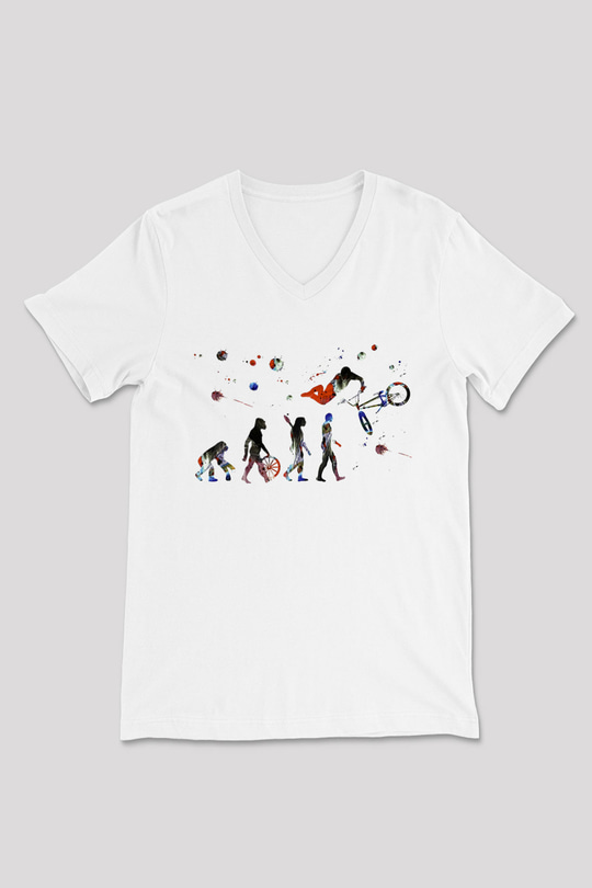 Bisiklet Beyaz Unisex V Yaka Tişört T-Shirt