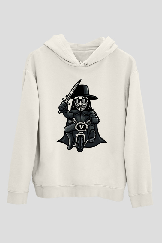 Bisikletçi Vendetta Baskılı Unisex Beyaz Hoodie