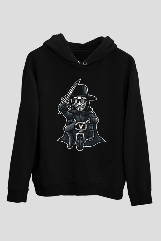 Bisikletçi Vendetta Baskılı Unisex Siyah Hoodie
