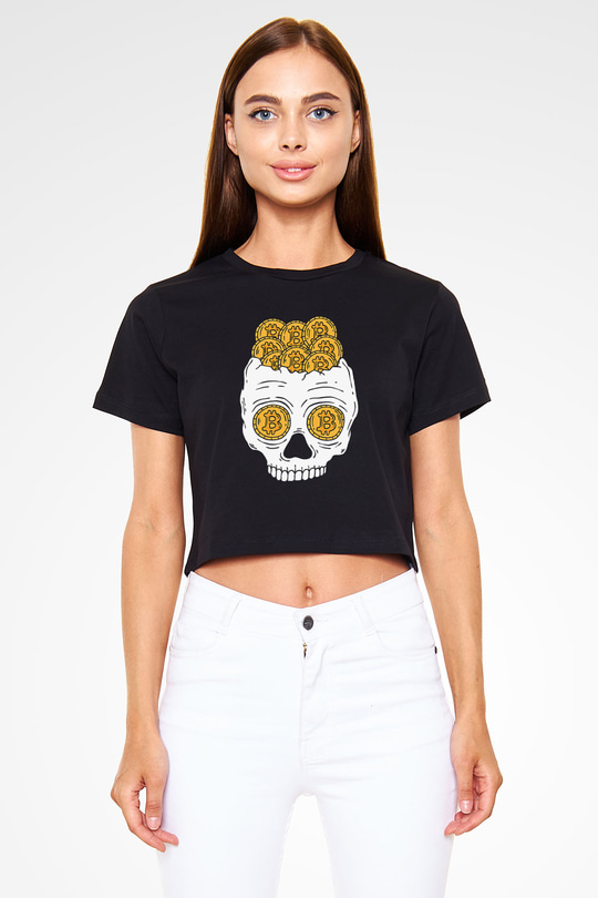 Bitcoin Baskılı Siyah Crop Top Kadın Tişört - Tshirt