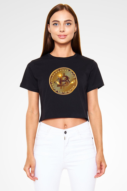 Bitcoin Baskılı Siyah Crop Top Kadın Tişört - Tshirt
