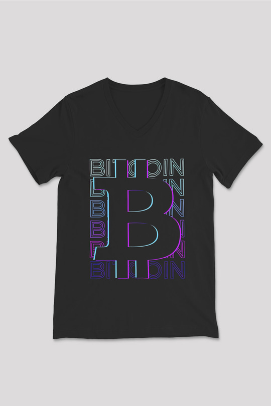 Bitcoin Baskılı Unisex Siyah V Yaka Tişört - Tshirt
