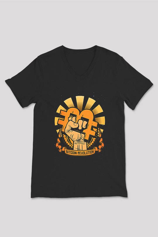 Bitcoin Baskılı Unisex Siyah V Yaka Tişört - Tshirt