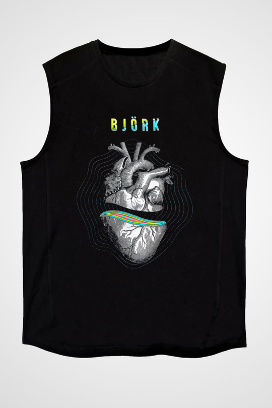 Björk Baskılı Unisex Siyah Kolsuz Tişört - Tshirt