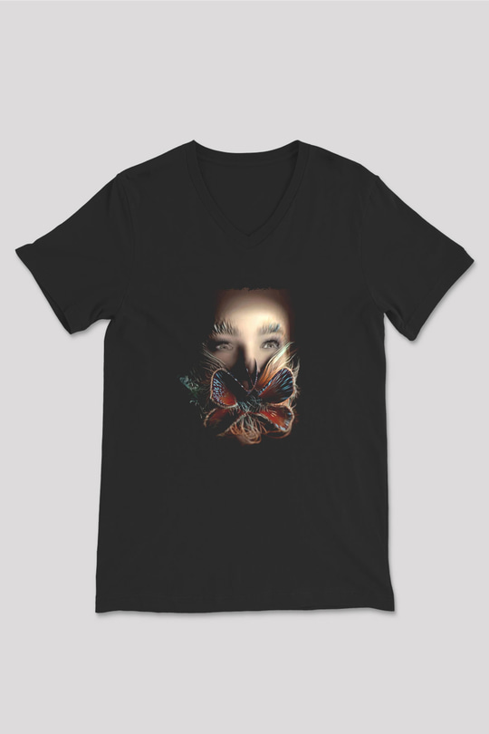 Björk Baskılı Unisex Siyah V Yaka Tişört - Tshirt